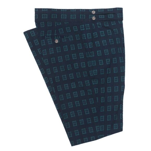 Mens Gurkha Pants Blue Green Geometric Wool Slim Straight Flat Front Trousers 38
